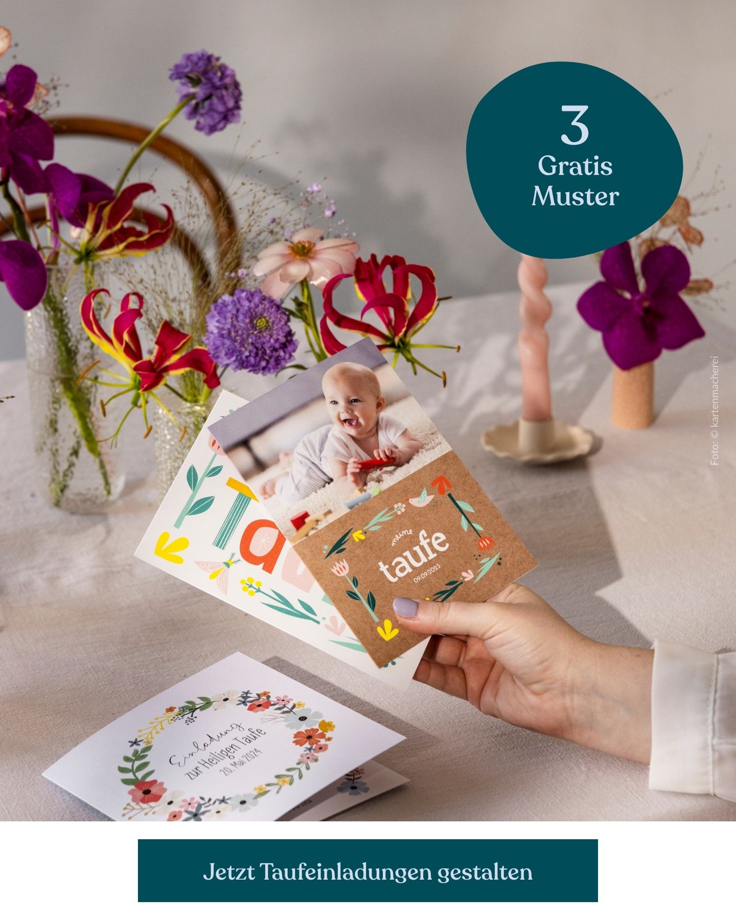 Papeterie für die Taufe mit der Arche Noah. Einladungskarte, Tischkarte, Menükarte