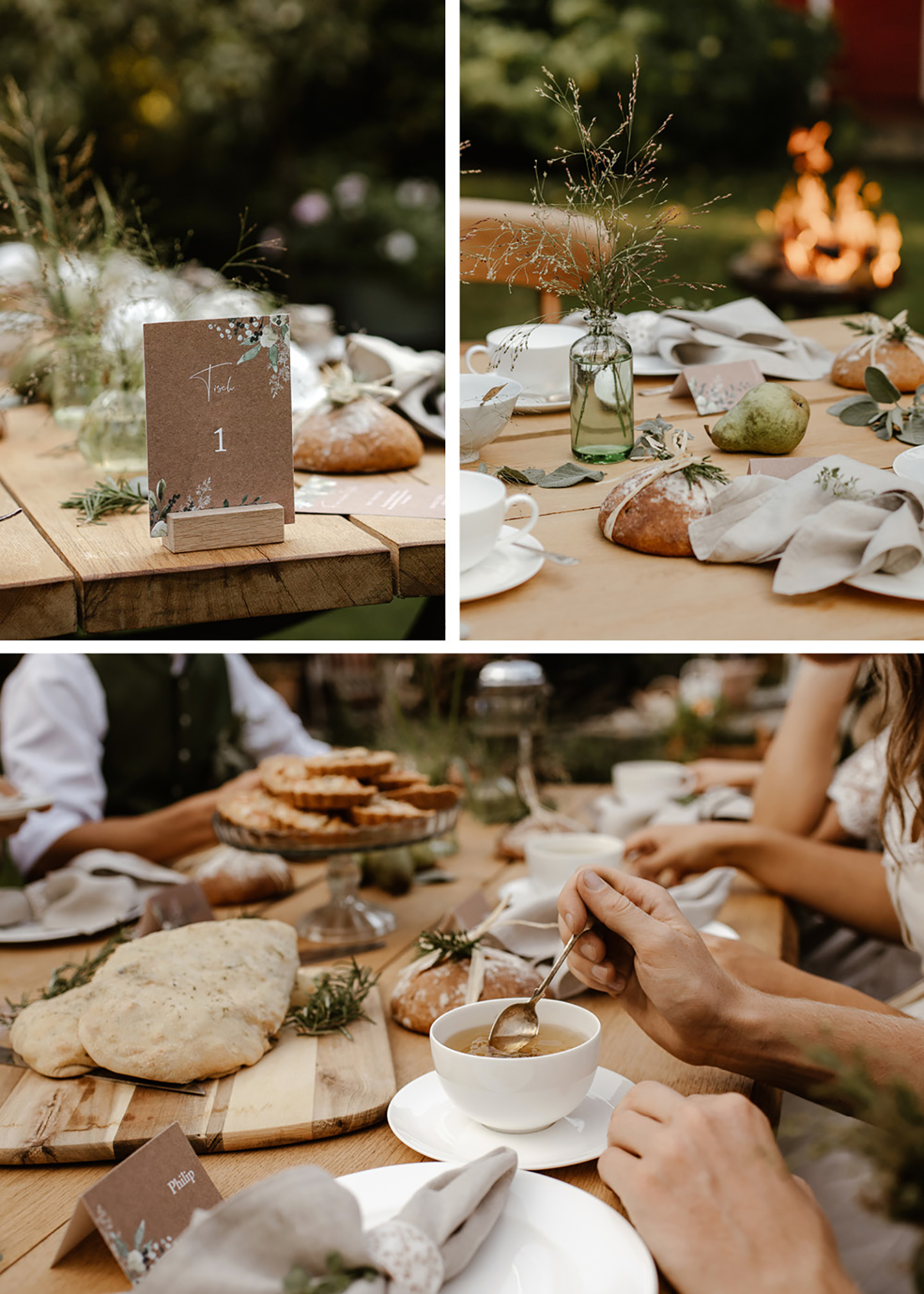 Die Papeterie hat den selben Stil wie die ganze Hochzeit: Das rustikale Naturpapier wird geziert von hellen Grüntönen als handillustrierte Pflanzenelemente. Zu sehen ist die Papeterie auf dem Tisch angeordnet. 