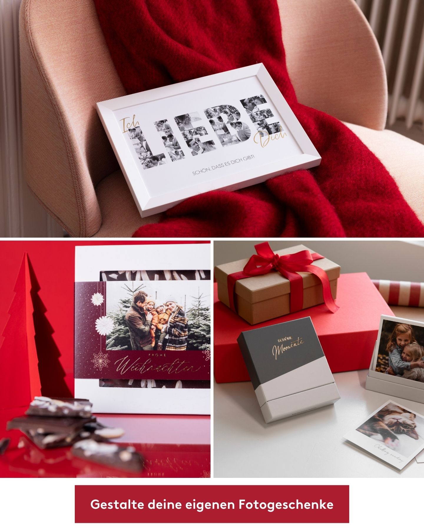 Fotoposter liegt auf Sessel. Schokolade mit einem Foto steht vor einem roten Hintergrund. Eine Bilderbox liegt auf dem Tisch.