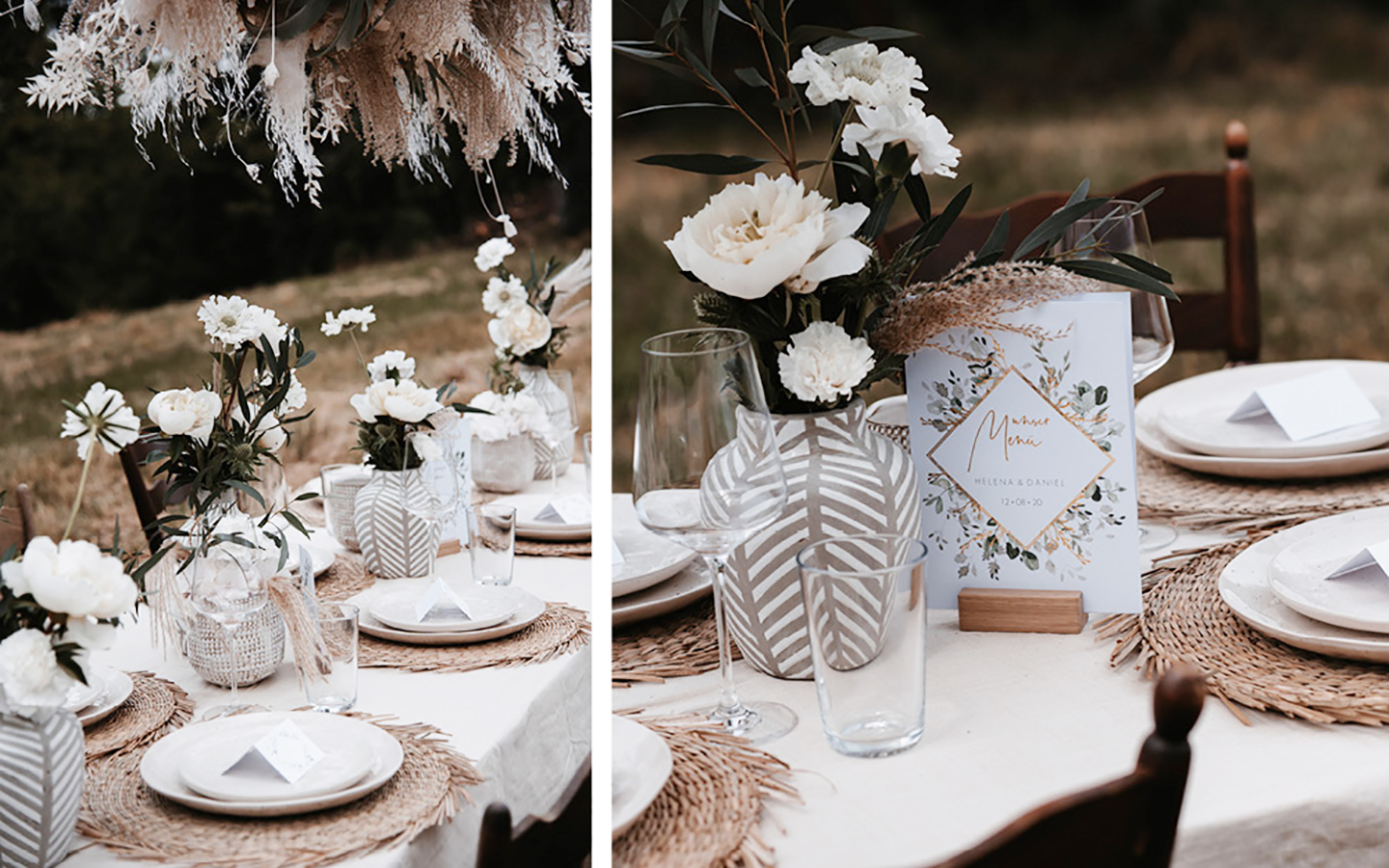 Tischdeko Hochzeit: Hochzeitstisch im Boho-Stil: Die beige Deko passt wunderbar zu den weißen Blumen und dem hellen Pampasgras. Der gedeckte Tisch im Grünen fügt sich wundervoll in die Natur ein.