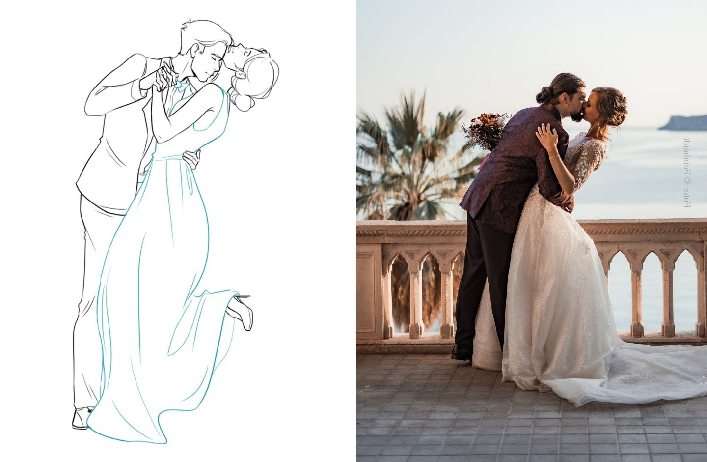 Collage Zeichnung/Foto: Brautpaar küsst sich in Wiegeschritt-Pose