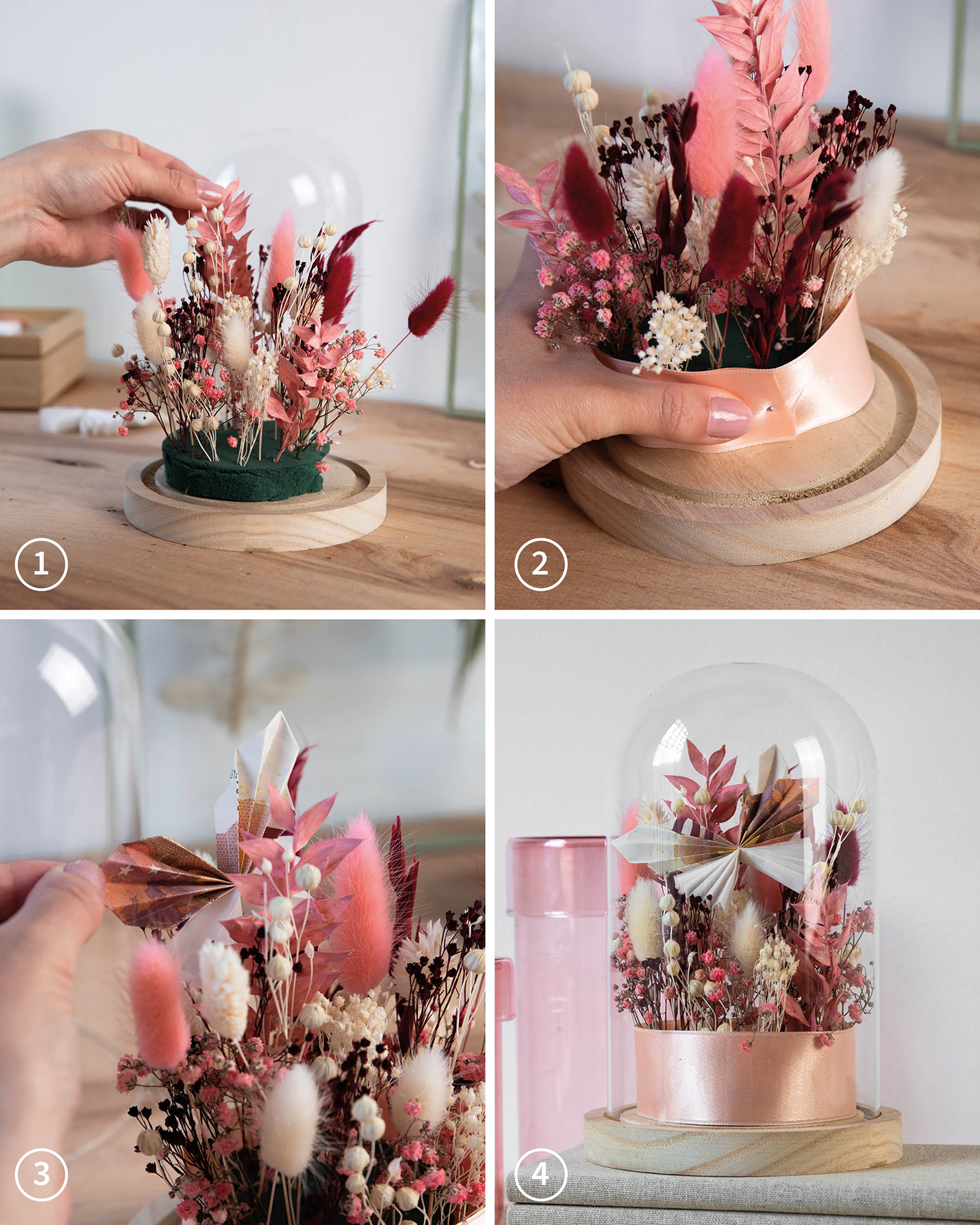 Schritt für Schritt Anleitung für Hochzeits Geldgeschenk. Glaskuppel mit Trockenblumen. 