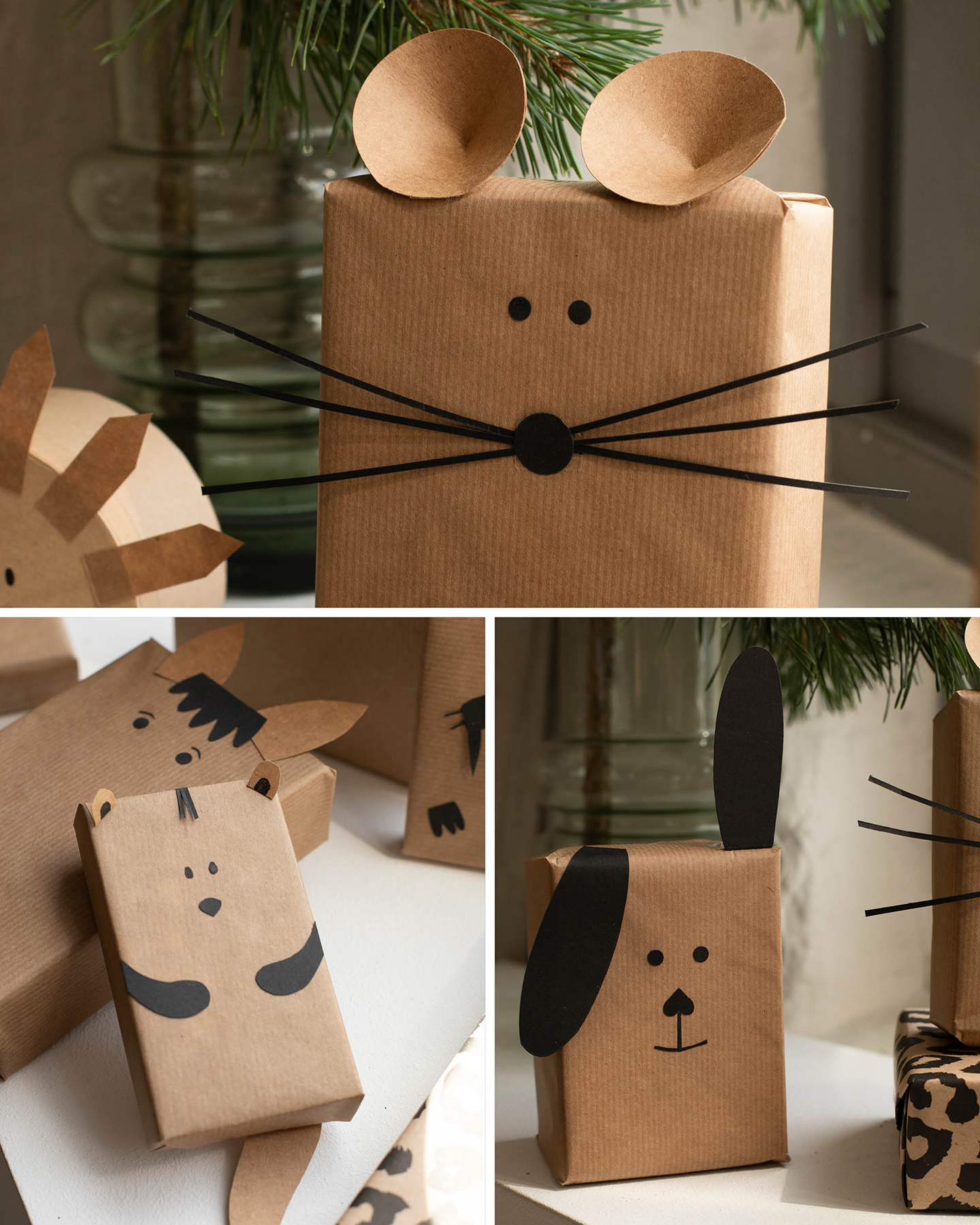 Maus, Otter und Hund gebasteltes aus Pappkartons. Adventskalender für Kinder selber basteln.