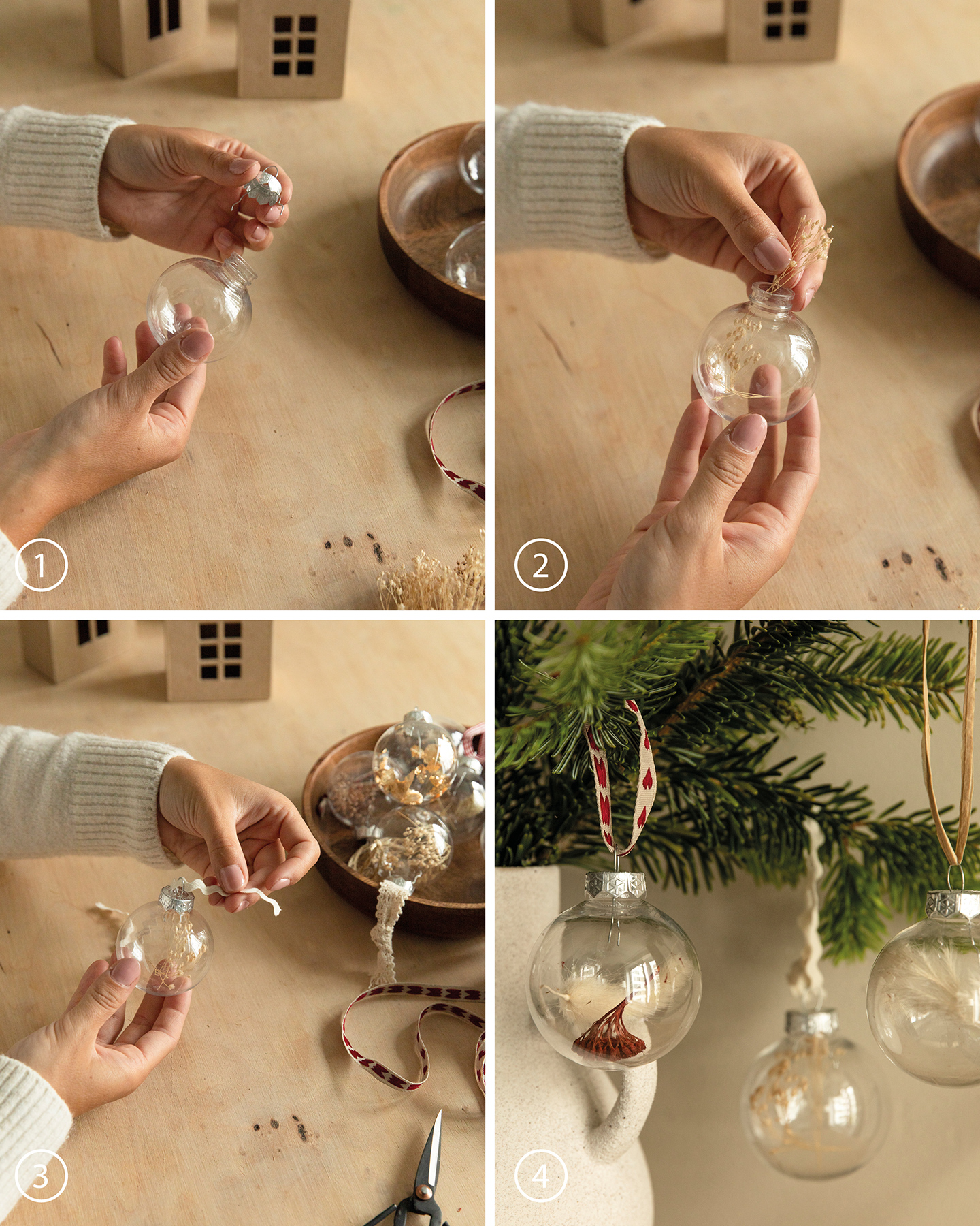 Weihnachtskugeln aus Glas werden mit Trockenblumen gefüllt als DIY Weihnachtsdeko.