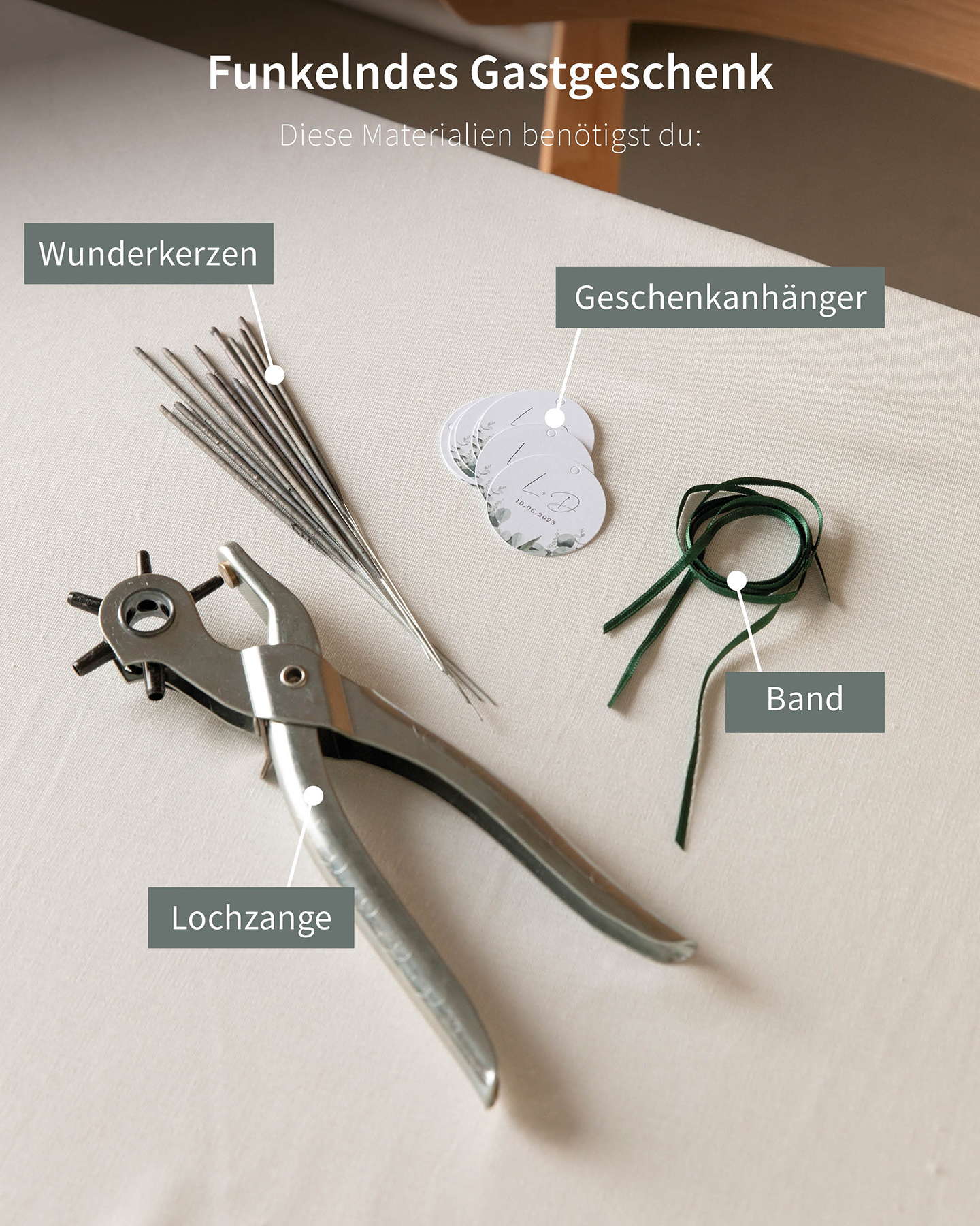 Benötigte Materialien für DIY Wunderkerzen als Überraschung für die Hochzeitsgäste.