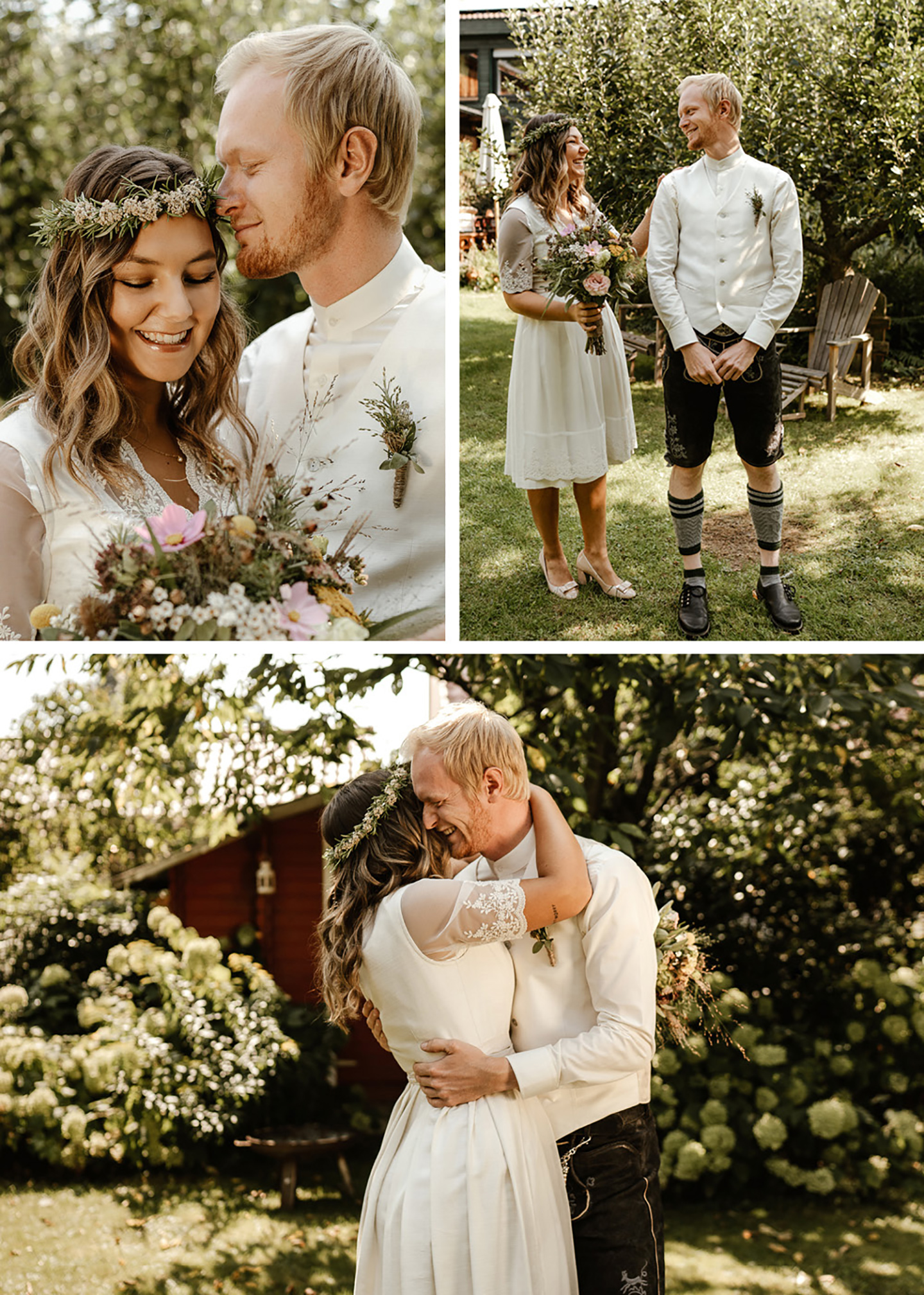 Das Hochzeitspaar steht im Garten nach der Trauung. Die Braut trägt ein Dirndl und der Mann eine bayrische Tracht. Sie küssen sich, albern herum und sind fröhlich. 