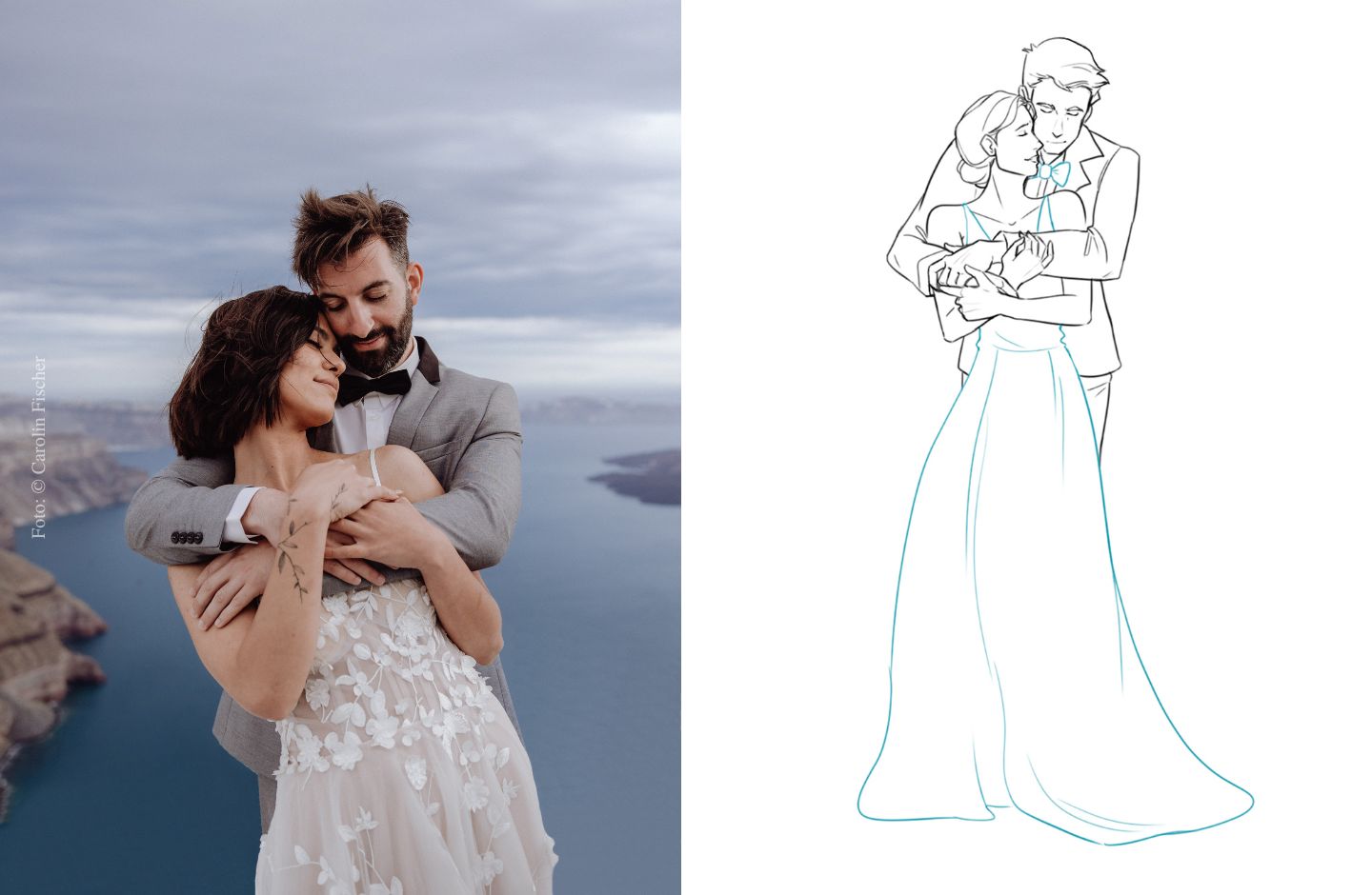 Collage Foto/Zeichnung: Zärtliche Fotopose eines Brautpaars