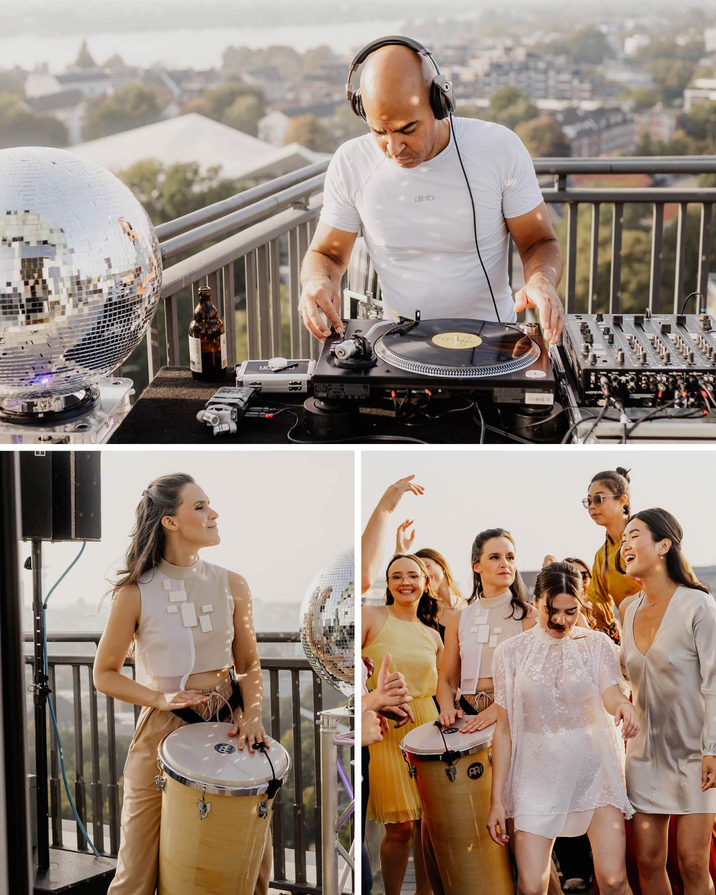 Hochzeitspaar tanzt mit Gästen zur Musik eines DJs