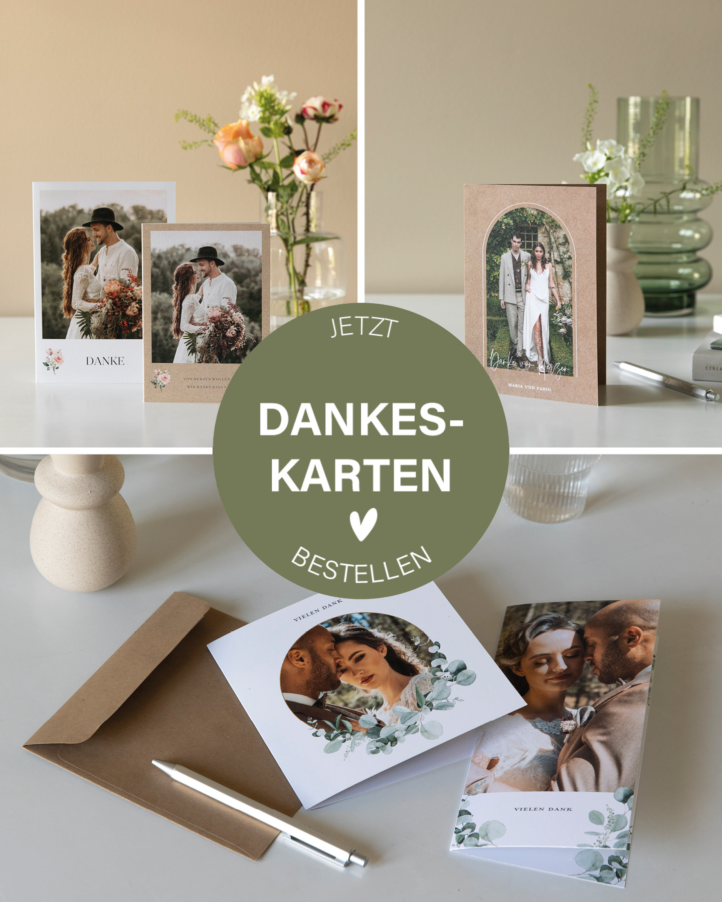 Collage von Dankeskarten zur Hochzeit im Kraftpapier-Look