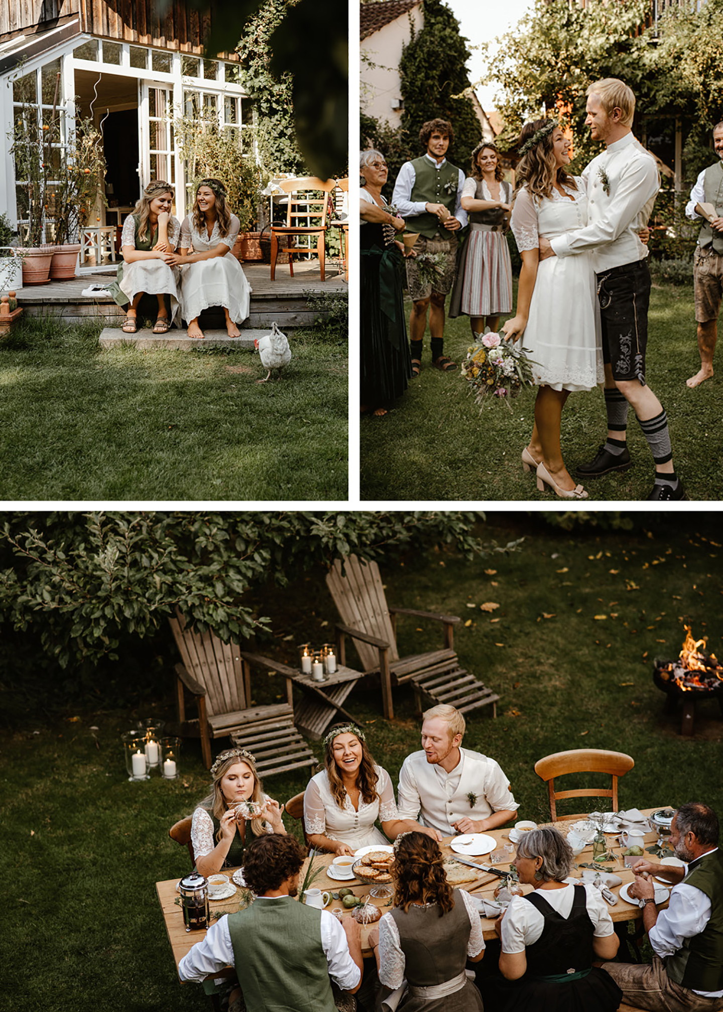 Die Hochzeit findet im grünen Garten statt, in dem die Gäste ausgelassen feiern und sich über das Hochzeitspaar freuen. Zusammen sitzen alle am Tisch und lachen. 