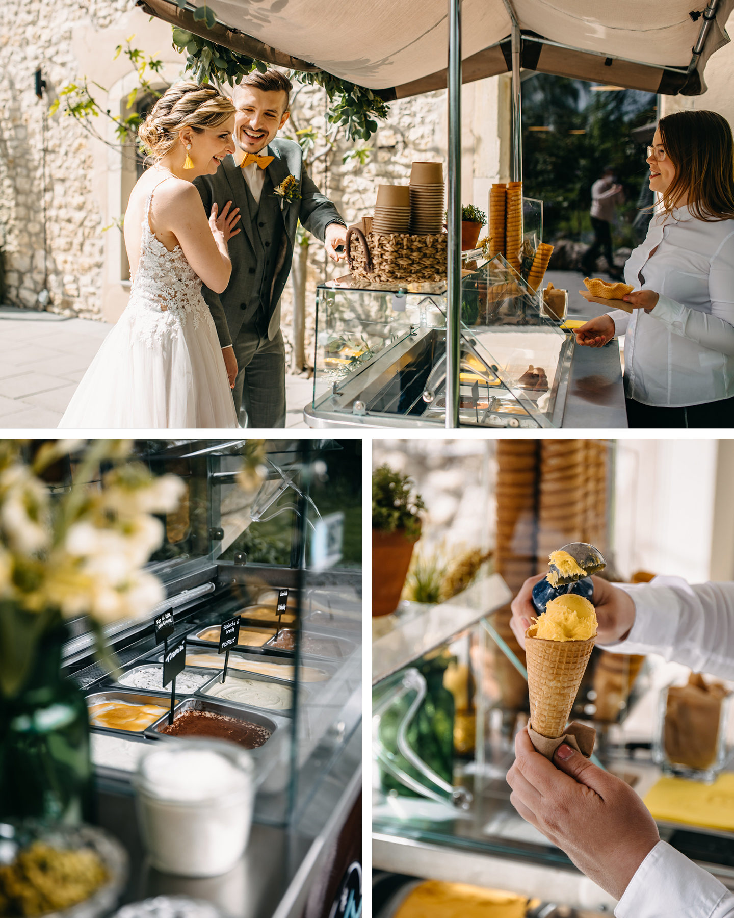 Brautpaar bestellt lachend am Eiswagen ein Eis für ihre Sommerhochzeit am Weingut.