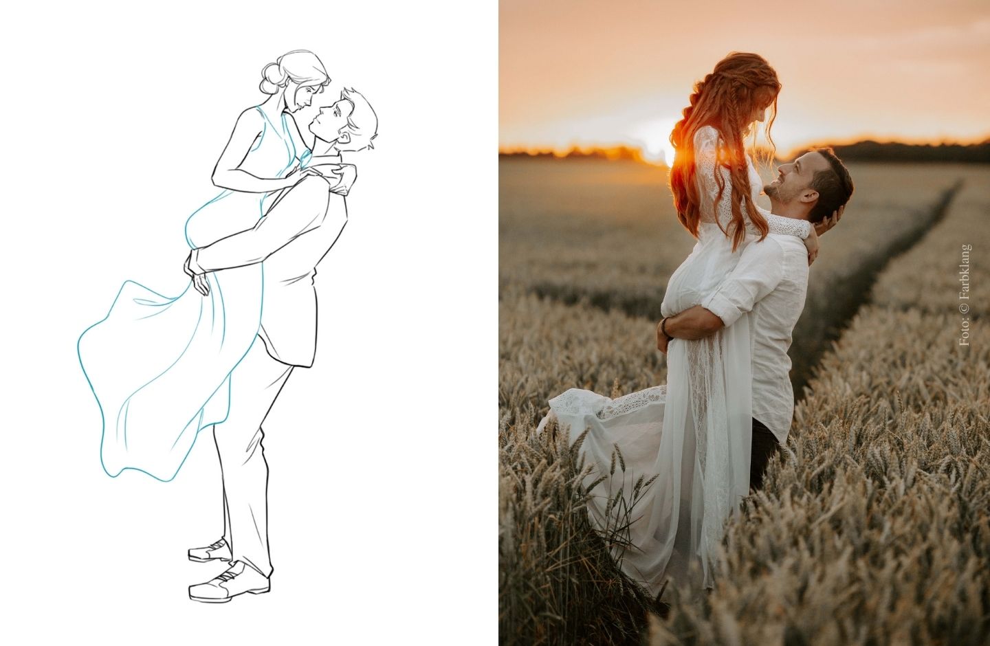 Collage Zeichnung/Foto: Bräutigam hebt die Braut hoch