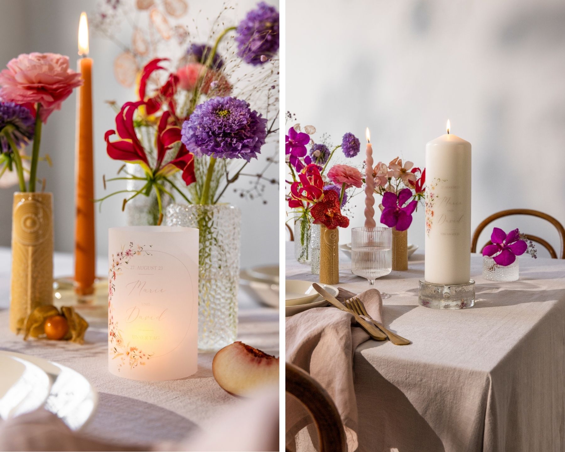 Personalisiertes Windlicht und Hochzeitskerze auf Hochzeitstisch, Collage